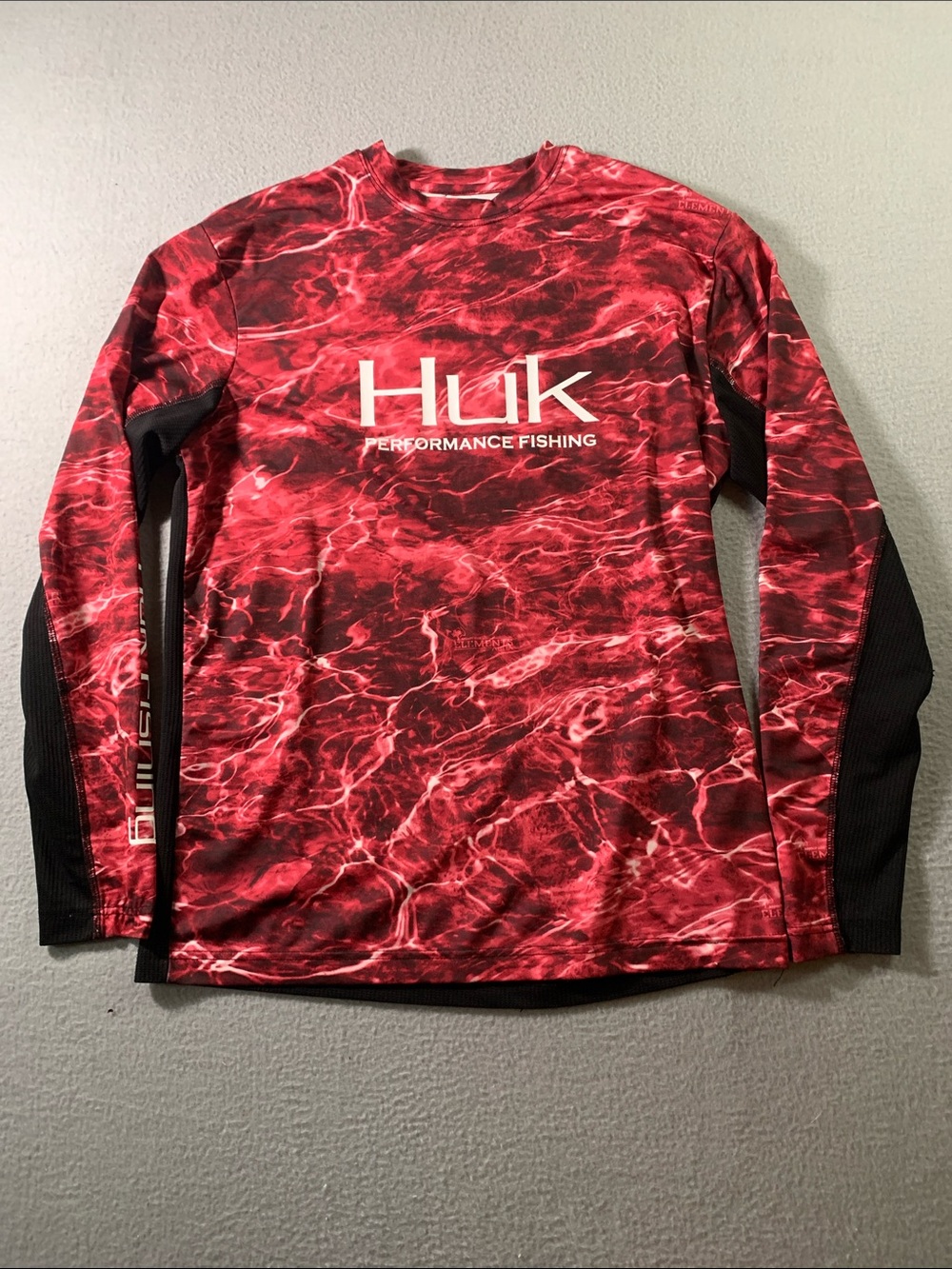 Huk Red Water-Print Long Sleeve Performance Shirt with Black Panels
